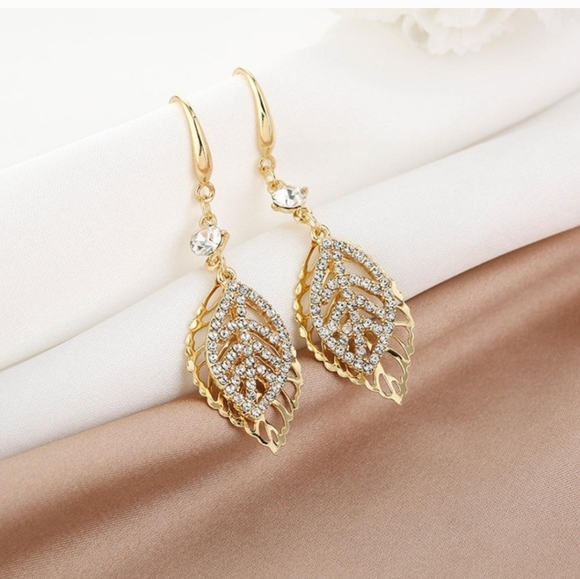 Gold-plated crystal double Leaf Drop earrings with silver post BOGO - Picture 6 of 14